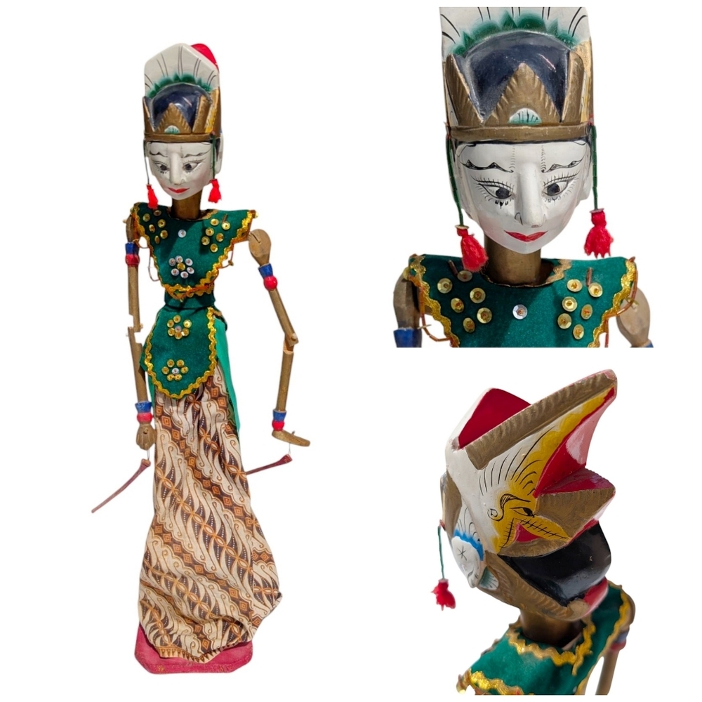 INDONESIAN Dancing RodPuppet Doll Wayang Gole Handcrafted Wood Arm Red Green